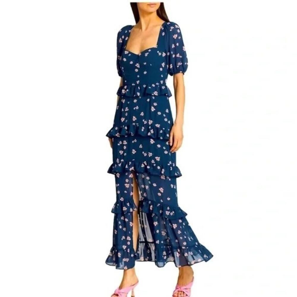 wayf blue floral maxi tiered ruffle dress size XS